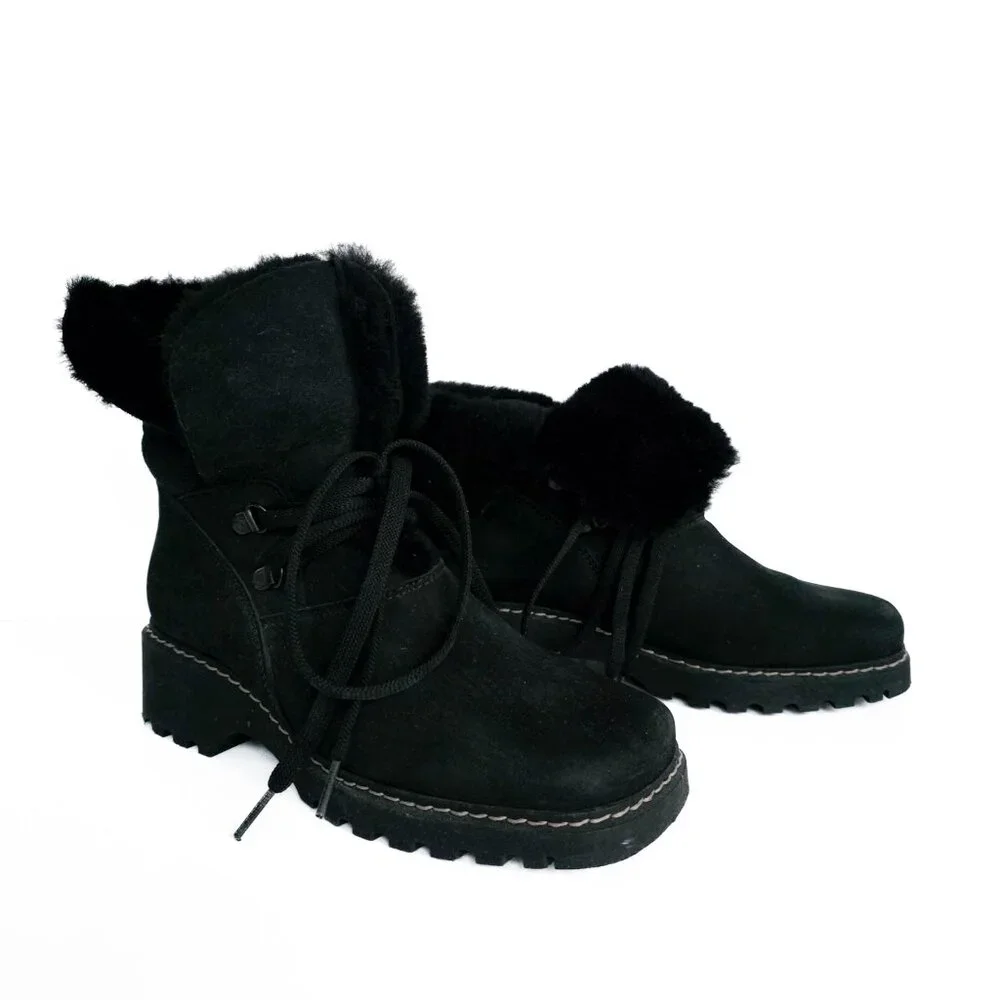 La Canadienne Shearling Lace Up Booties Womens 6.5 M Black Square Toe Waterproof